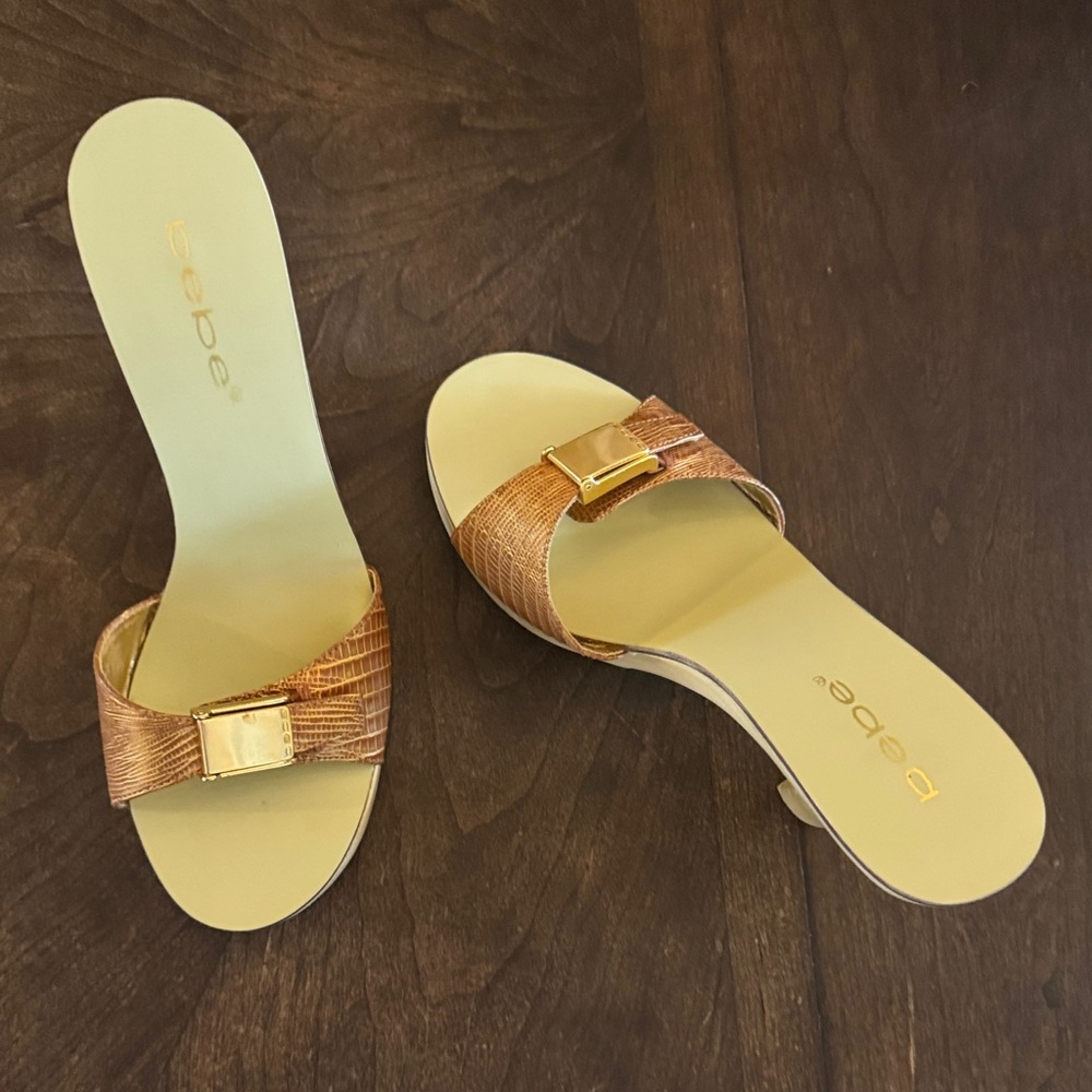 bebe Metallic Bronze Slide Mules with Gold Buckle